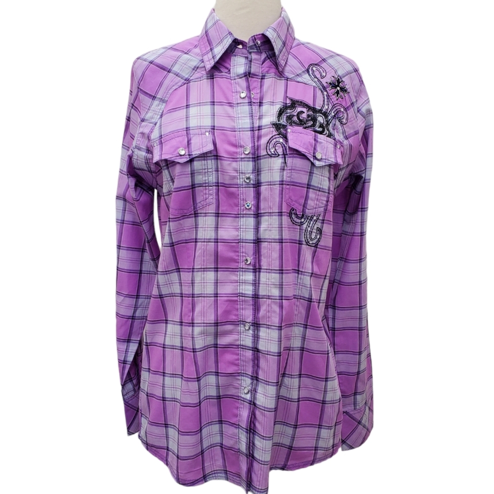 Wrangler Cowgirls Rock 47 Western Snap Button Down Purple Plaid Shirt Sz M